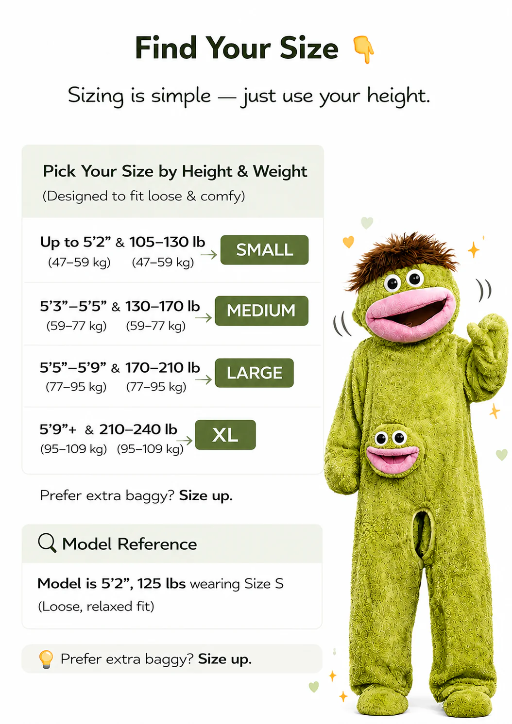 Size guide: pick your size by height and weight, S through XL