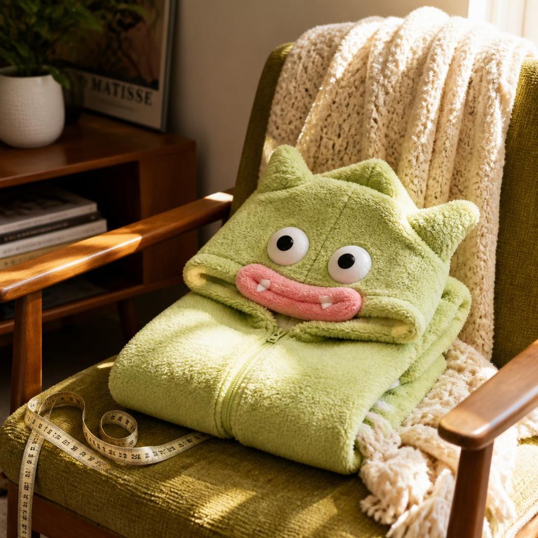 Folded monster onesie on a chair with a measuring tape