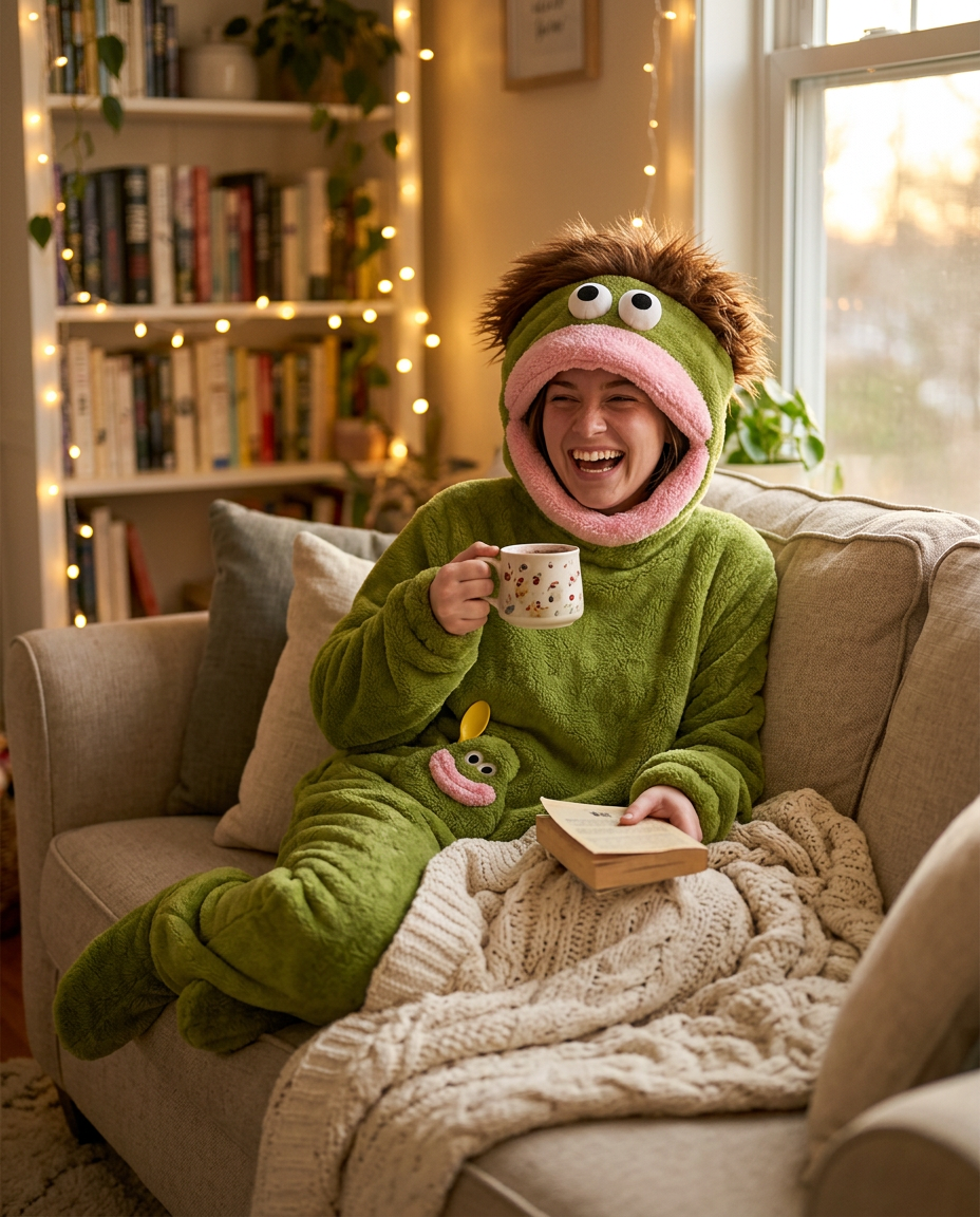 Woman laughing on the sofa in the green monster fleece onesie with a mug of cocoa