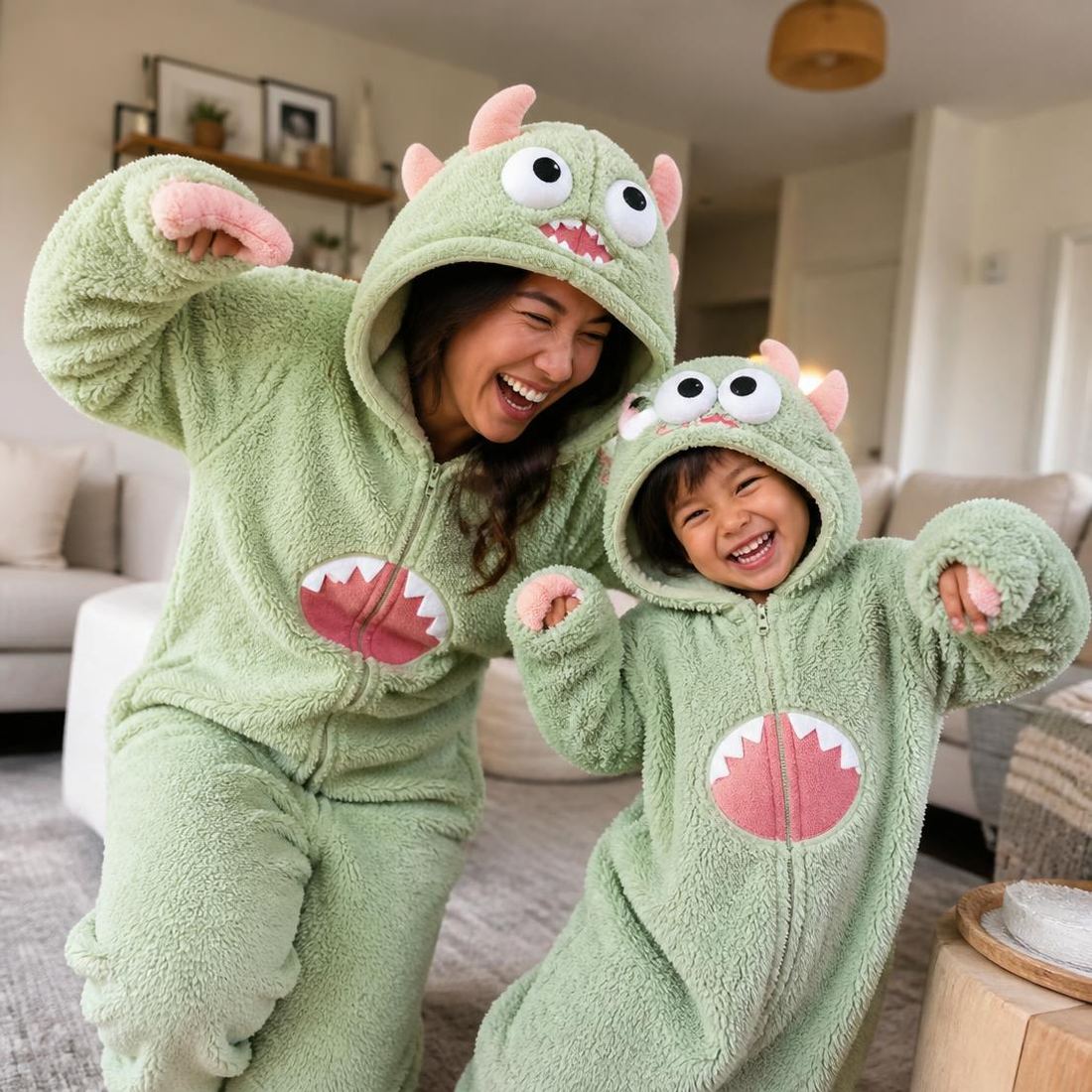 Family laughing in matching monster onesies