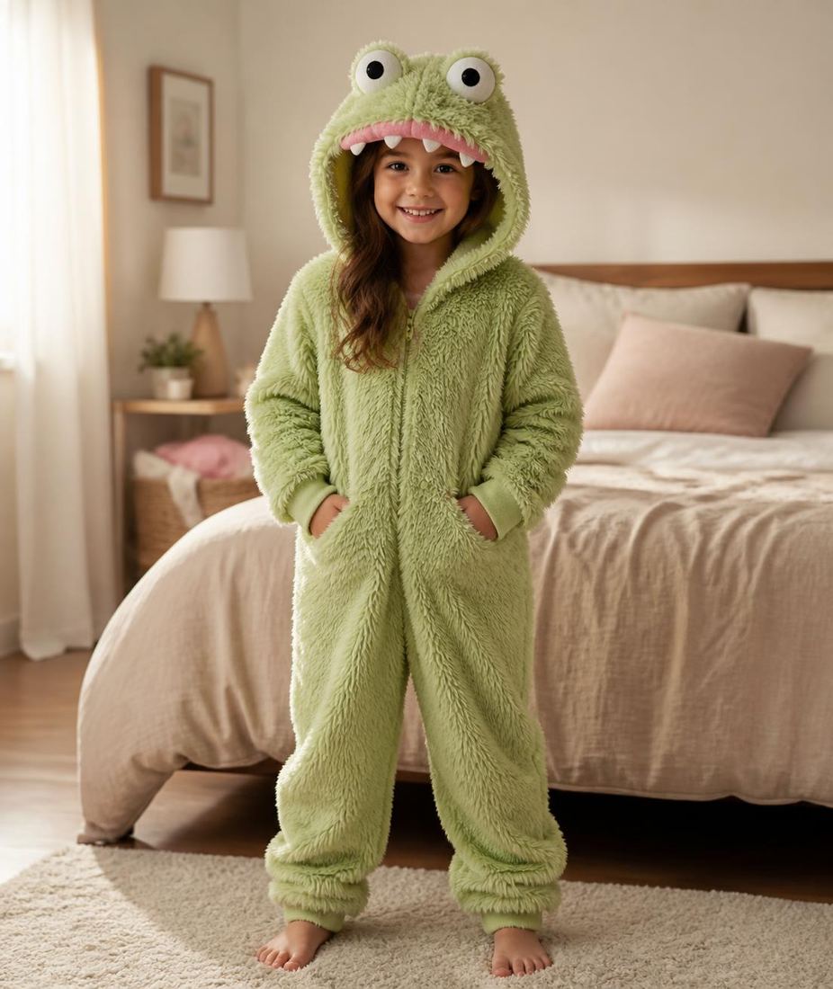 Child in the monster hood by a warm bed