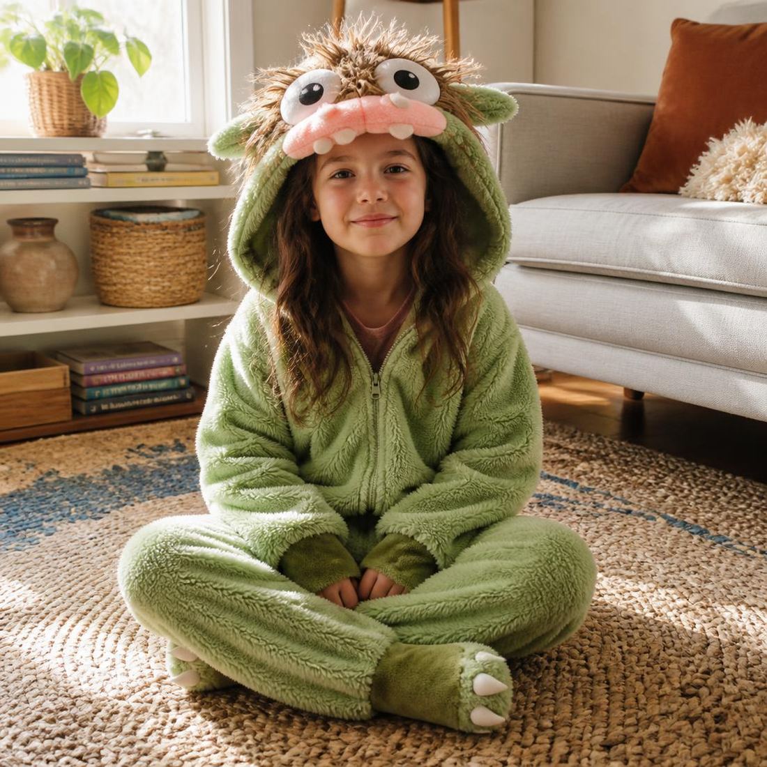 Girl lounging on a rug in the monster onesie